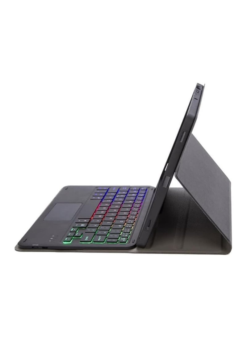 عام حافظة لوحة مفاتيح مزودة بلمسات عربية وإنجليزية لجهاز Samsung Tab A9 Plus (X210/X215/X216)، تحتوي على إضاءة خلفية، لوحة تتبع متعددة اللمسات، وقاعدة قابلة للطوي مع حامل قلم لجهاز Tab A9+. - Image 3