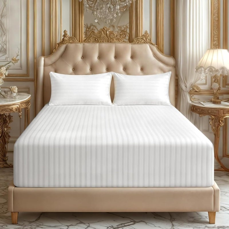 FOAM CRAFT مجموعة ملاءات سرير مقاس كوين مخططة من القطن - 3 قطع مع 300 عدد خيوط - Image 1