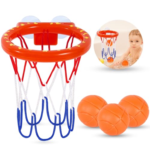 Auvitaya Bath Toys Bathtub Basketball Hoop for Kids Toddlers Bath Shower Toys for Kids Strong Suction Cup Basketball Hoop 3 Soft NoHole Balls Set for Toddlers Boys and Girls - Image 1