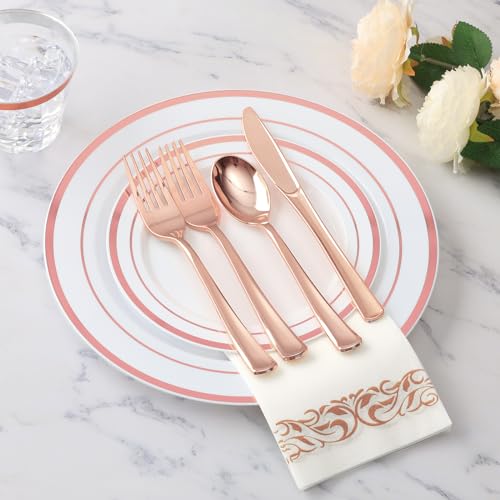 Goodluck 350 Piece Rose Gold Dinnerware Set for 50 Guests - Disposable Plastic Plates, Paper Napkins, Cups, Silverware for Party - Image 2