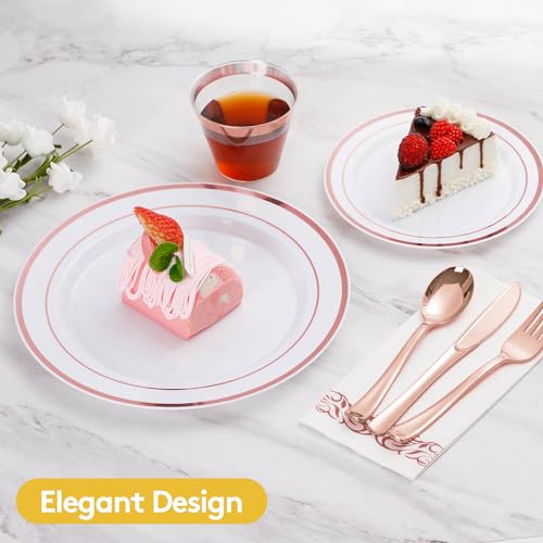 Goodluck 350 Piece Rose Gold Dinnerware Set for 50 Guests - Disposable Plastic Plates, Paper Napkins, Cups, Silverware for Party - Image 3