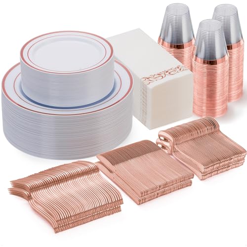 Goodluck 350 Piece Rose Gold Dinnerware Set for 50 Guests - Disposable Plastic Plates, Paper Napkins, Cups, Silverware for Party - Image 1