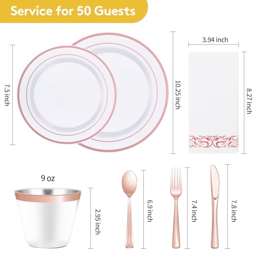 Goodluck 350 Piece Rose Gold Dinnerware Set for 50 Guests - Disposable Plastic Plates, Paper Napkins, Cups, Silverware for Party - Image 4