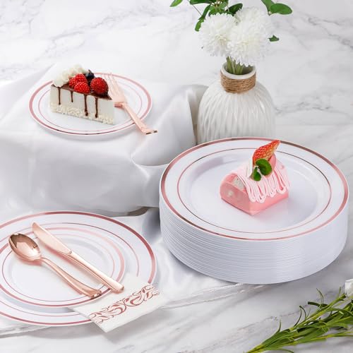 Goodluck 350 Piece Rose Gold Dinnerware Set for 50 Guests - Disposable Plastic Plates, Paper Napkins, Cups, Silverware for Party - Image 5