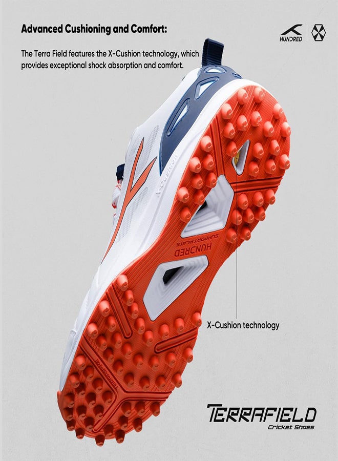 HUNDRED TerraField Cricket Shoes | TerraSpike Rubber Studs | Embedded Support Plate for Stability | Lightweight & Durable | Ideal for Turf, Ground & Hard Surfaces (White/Orange/Navy ; UK 10) - Image 3