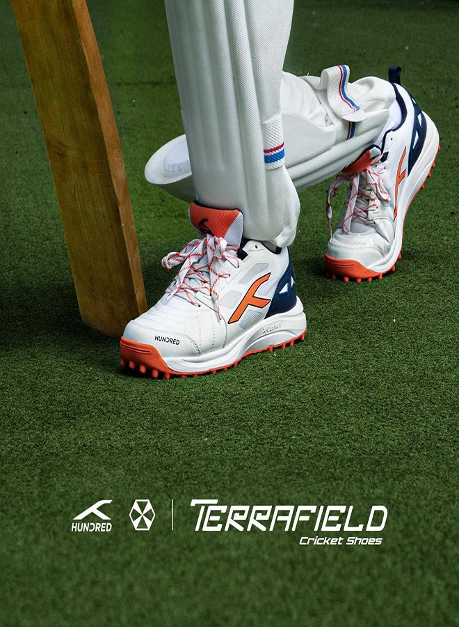 HUNDRED TerraField Cricket Shoes | TerraSpike Rubber Studs | Embedded Support Plate for Stability | Lightweight & Durable | Ideal for Turf, Ground & Hard Surfaces (White/Orange/Navy ; UK 10) - Image 2