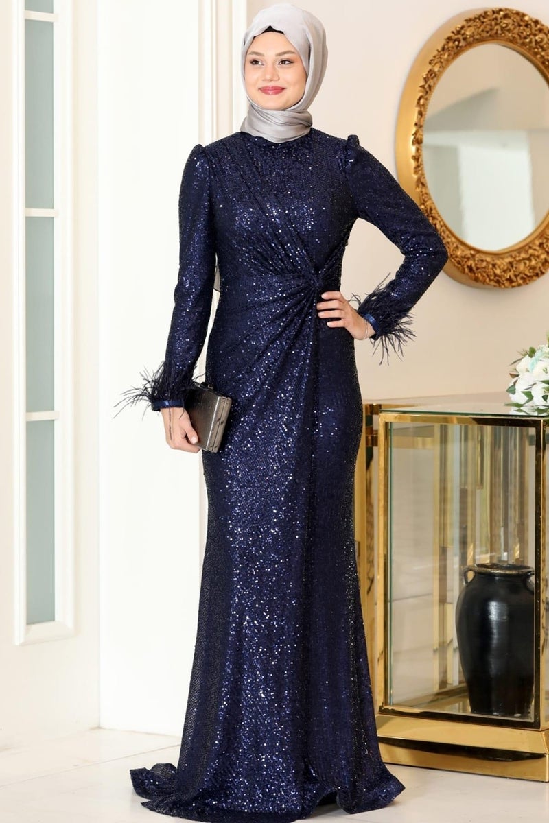 Esilanur Huma Hijab Evening Dress Navy Blue  - Image 1