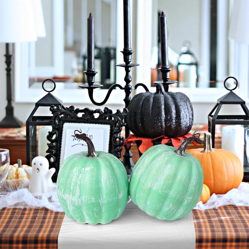 Artmag Artmag 6 Inch Large Artificial Pumpkins  4PCS Big Green-White Brushed Pumpkins Faux Foam Harvest Pumpkins for Fall Thanksgiving Holiday Decorations (Green-White Brushed)  - Image 5