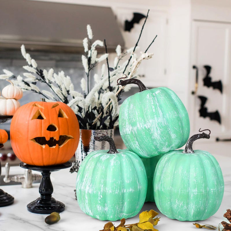 Artmag Artmag 6 Inch Large Artificial Pumpkins  4PCS Big Green-White Brushed Pumpkins Faux Foam Harvest Pumpkins for Fall Thanksgiving Holiday Decorations (Green-White Brushed)  - Image 2