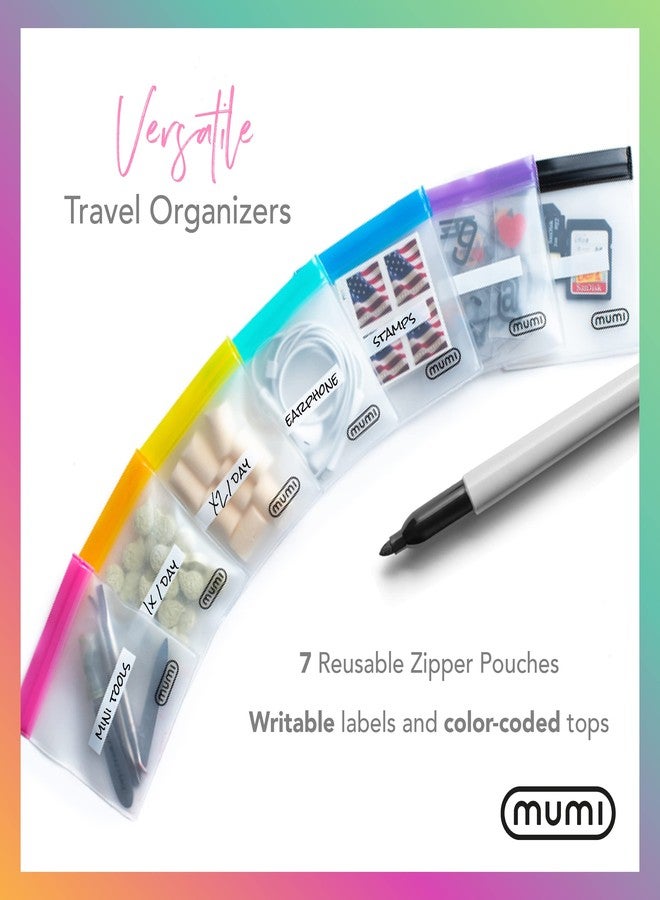 mumi Mini Zip Pouch Set | 7 Reusable Zipper Pouches | Accessories Organizer | Writable Label and Color-coded Containers | Small Pouch Size: 3 x 3 inches - Image 2