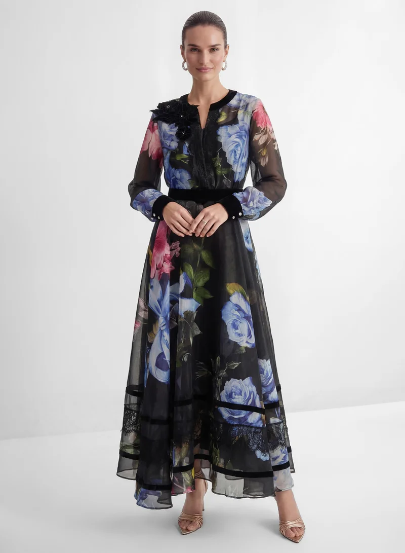 Antique Roses Black Floral Applique Sheer Sleeve Maxi Dress