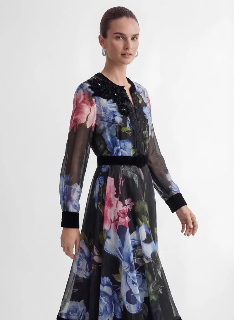 Sunfere  Antique Roses Black Floral Applique Sheer Sleeve Maxi Dress for Women | Best Price UAE