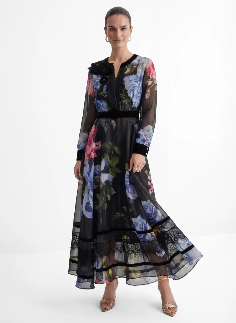 Sunfere  Antique Roses Black Floral Applique Sheer Sleeve Maxi Dress for Women | Best Price UAE