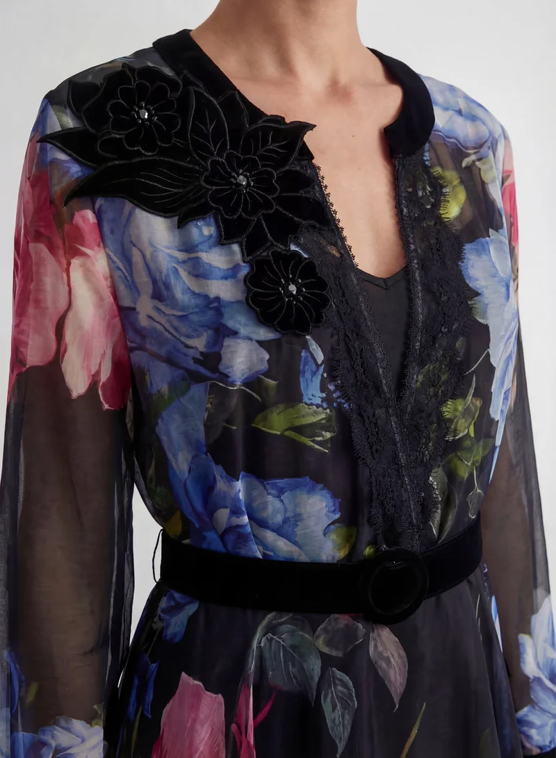 Sunfere  Antique Roses Black Floral Applique Sheer Sleeve Maxi Dress for Women | Best Price UAE