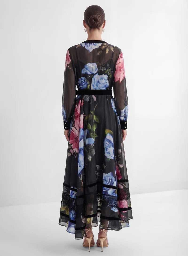 Sunfere  Antique Roses Black Floral Applique Sheer Sleeve Maxi Dress for Women | Best Price UAE