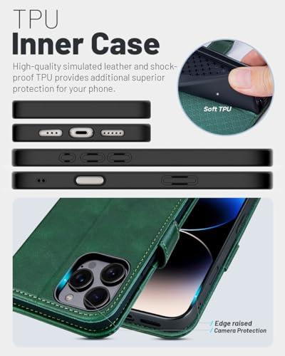 OCASE Compatible with iPhone 16 Pro Wallet Case, PU Leather Flip Folio Case with Card Holders RFID Blocking Kickstand [Shockproof TPU Inner Shell] Phone Cover 6.3 Inch 2024, Blackish Green - Image 5