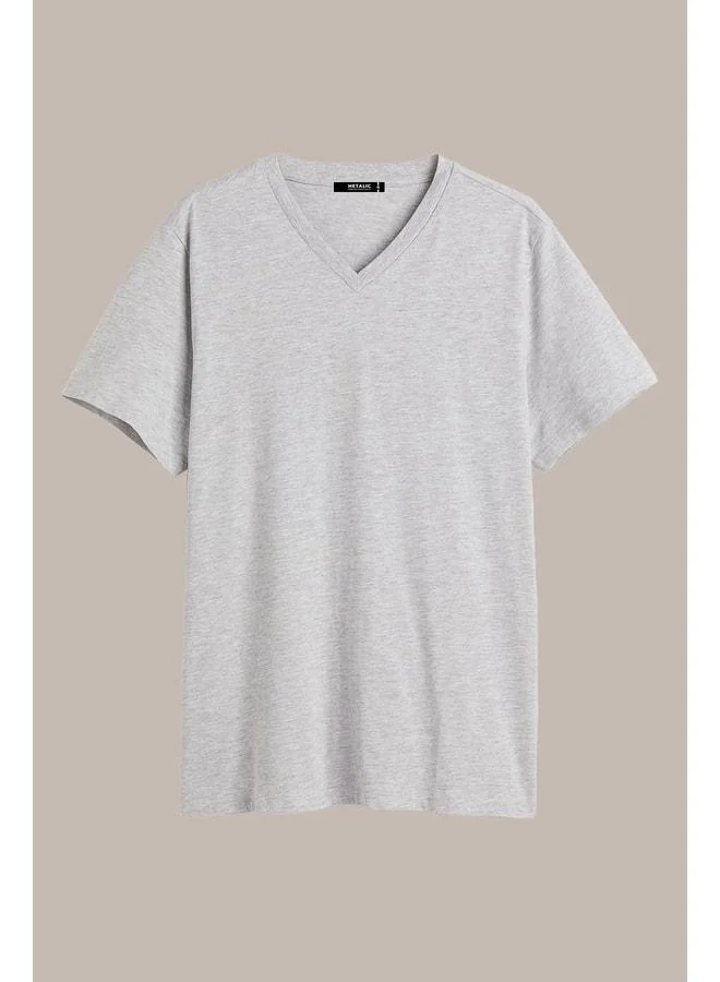 Mmetalic Men's Indigo 100% Cotton Basic Regular Fit Short Sleeve V-Neck T-Shirt