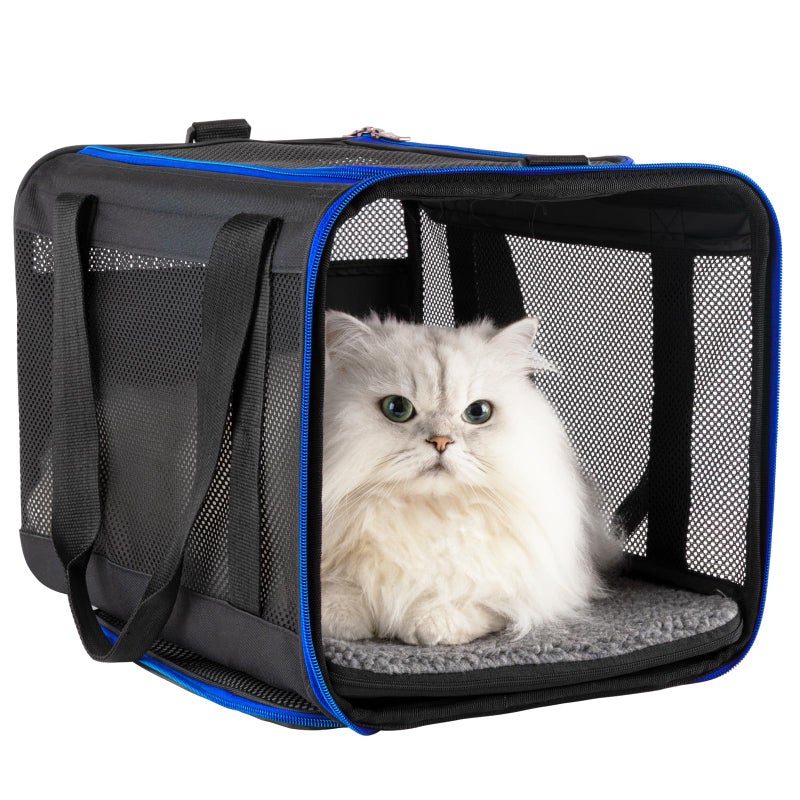 petisfam Easy Load Soft Pet Carrier Bag Cat for Medium Large Cats Puppy Sturdy Collapsible Comfy Black wBlue Trim L