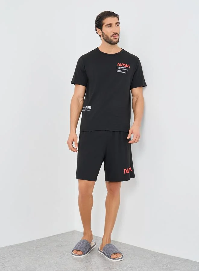 ستايلي Styli NASA Slogan Print Short Sleeve T-Shirt and Shorts Set