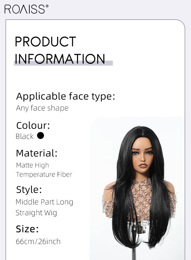 roaiss Women's Black Long Straight Wig, Middle Parted Natural Soft Synthetic Heat Resistant Hair Wig, Natural Looking, Suitable for Wedding Cosplay Party Daily Wear, 66cm (26 inches) - Image 3
