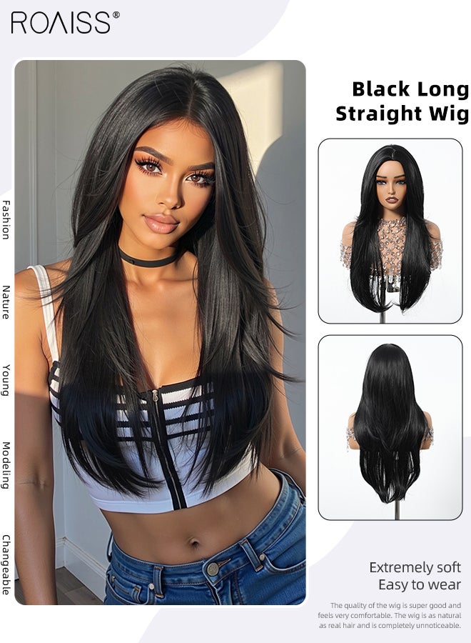 roaiss Women's Black Long Straight Wig, Middle Parted Natural Soft Synthetic Heat Resistant Hair Wig, Natural Looking, Suitable for Wedding Cosplay Party Daily Wear, 66cm (26 inches) - Image 1