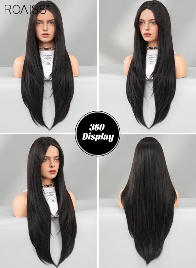 roaiss Women's Black Long Straight Wig, Middle Parted Natural Soft Synthetic Heat Resistant Hair Wig, Natural Looking, Suitable for Wedding Cosplay Party Daily Wear, 66cm (26 inches) - Image 2