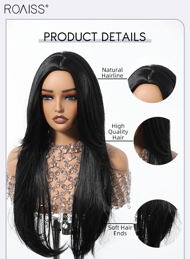 roaiss Women's Black Long Straight Wig, Middle Parted Natural Soft Synthetic Heat Resistant Hair Wig, Natural Looking, Suitable for Wedding Cosplay Party Daily Wear, 66cm (26 inches) - Image 5