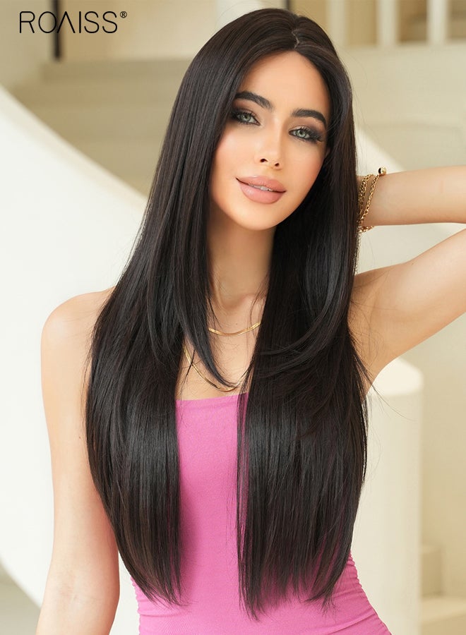 roaiss Women's Black Long Straight Wig, Middle Parted Natural Soft Synthetic Heat Resistant Hair Wig, Natural Looking, Suitable for Wedding Cosplay Party Daily Wear, 66cm (26 inches) - Image 4