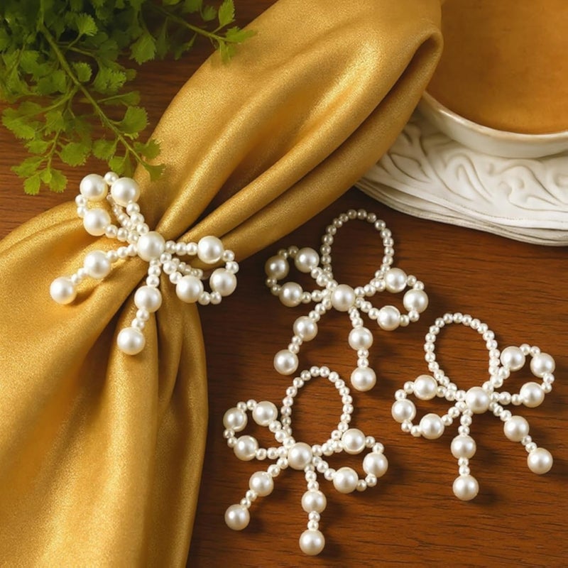 12 Pcs Pearl Bow Napkin Rings Imitation Pearl Ring Napkin Holder Delicate Bow Beaded Serviette Buckles for Wedding Party Dinner Table Decor and Daily Use