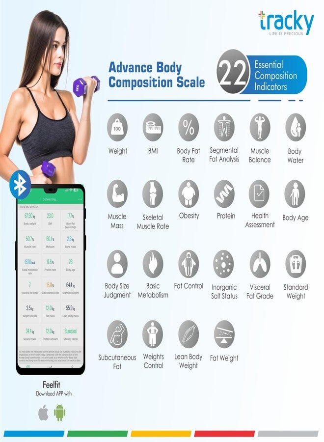 Tracky Advance Body Composition Scale with 8 Electrodes | 22 Essential Body Parameters | Full Body Segmental Analysis | Smart Body Fat Analyzer | - Image 3