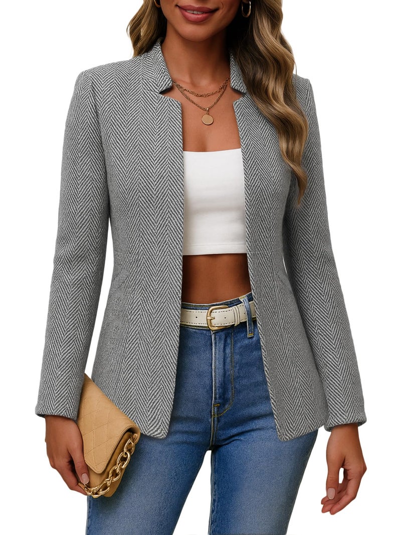 Mina Self Herringbone Blazers Jacket Tweed for Women 2026 Fall Grey Business Casual Work Professional Womens Dressy Fitted Fashion Trendy Winter Women's Blazer & Suit Jackets Lady Ladies H-Grey S - Image 1