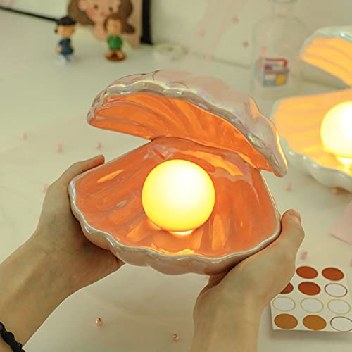 BinaryABC Ceramics Shell Pearl Light Led Lamp Portable Night Light Tabletop Light,Christmas Gift(Pink) - Image 4