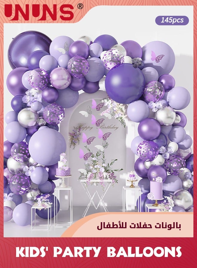 UNUNS Purple Balloon Garland Kit,145 Pcs Pastel Purple Balloons Arch Kit+12 Pcs Butterfly Stickers,Lavender Purple Confetti Metallic Balloon,For Baby Shower Girls Birthday Wedding Party Decoration - Image 1