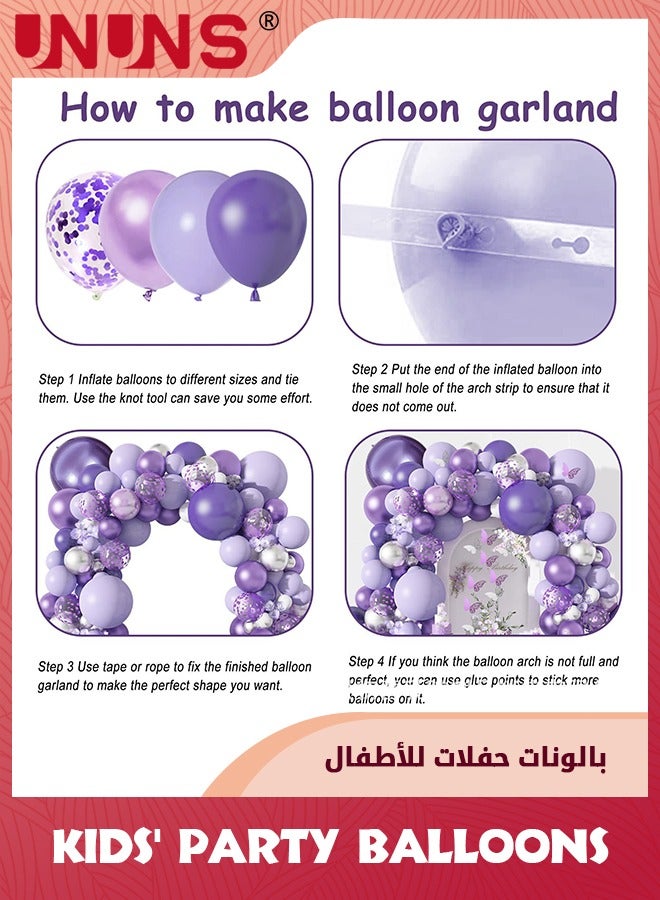 UNUNS Purple Balloon Garland Kit,145 Pcs Pastel Purple Balloons Arch Kit+12 Pcs Butterfly Stickers,Lavender Purple Confetti Metallic Balloon,For Baby Shower Girls Birthday Wedding Party Decoration - Image 3