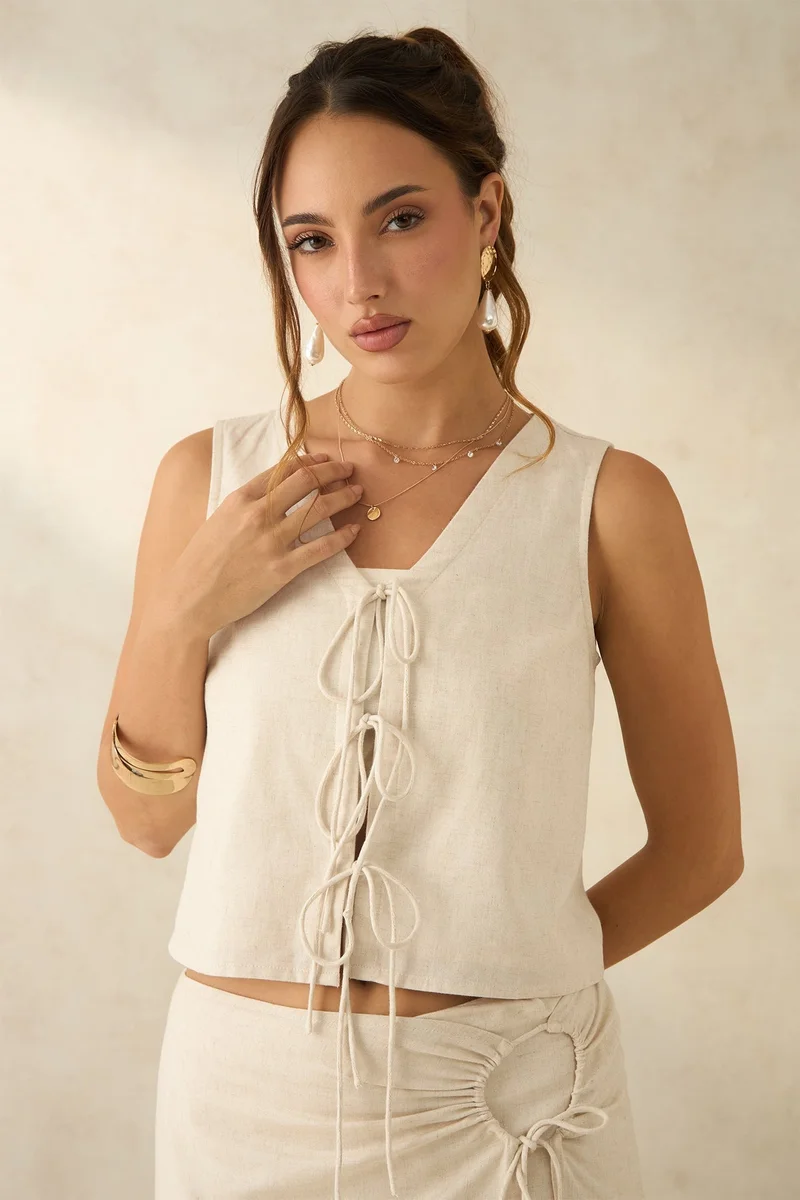 Virgio VIRGIO Linen Crop Tie-Front Vest