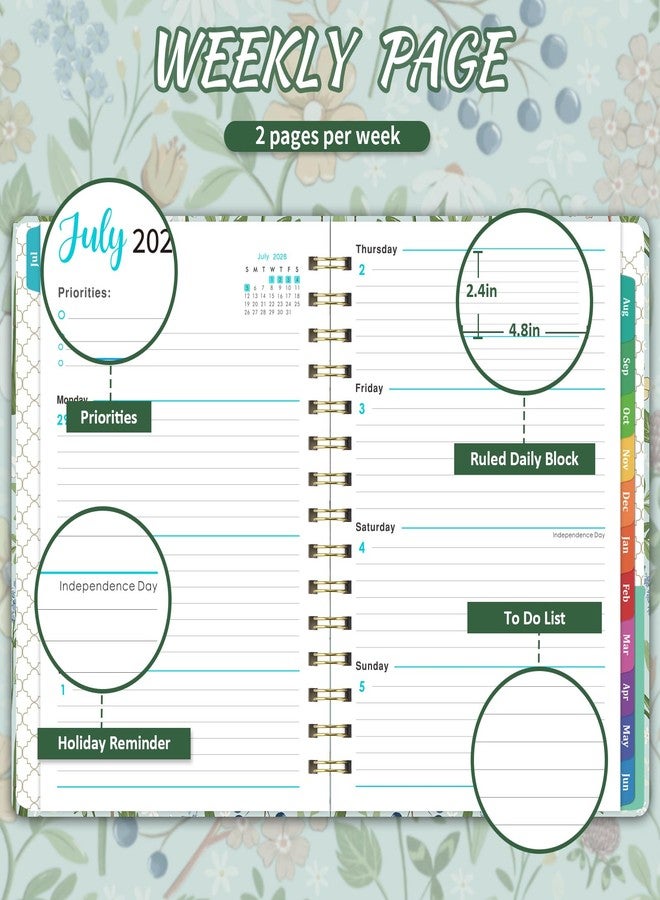 بوكول مخطط أكاديمي 2026-2027 - مخطط للفترة من يوليو 2026 إلى يونيو 2027 مع قائمة مهام، مقاس 6.3 × 8.4 بوصة، تجليد قوي بسلك مزدوج، جيب داخلي، إغلاق مطاطي - أخضر - Image 4
