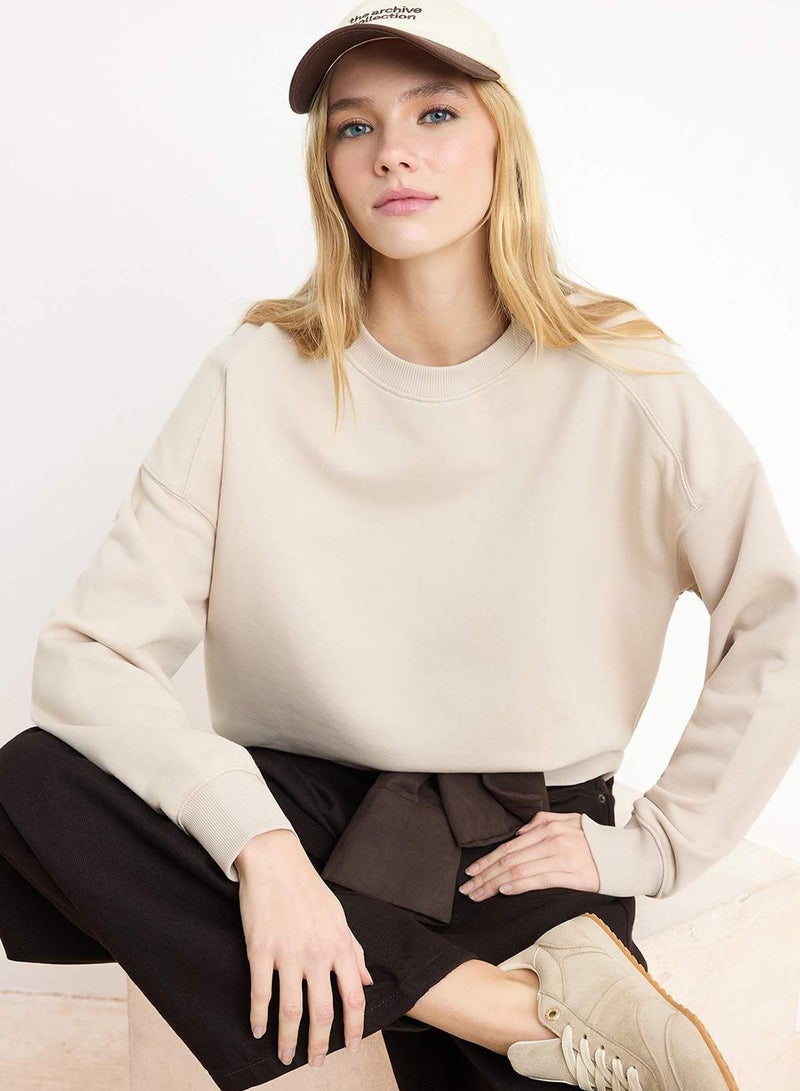 trendyol Stone Regular/Normal Fit Low Sleeve Long Sleeve 3 Thread Non-Embellished Knitted Sweatshirt - Image 1