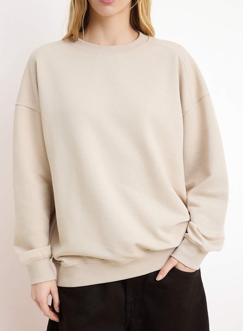 trendyol Stone Regular/Normal Fit Low Sleeve Long Sleeve 3 Thread Non-Embellished Knitted Sweatshirt - Image 3