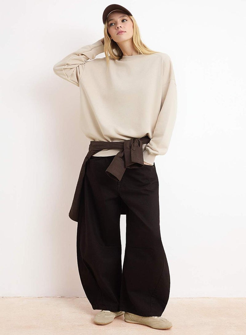 trendyol Stone Regular/Normal Fit Low Sleeve Long Sleeve 3 Thread Non-Embellished Knitted Sweatshirt - Image 2
