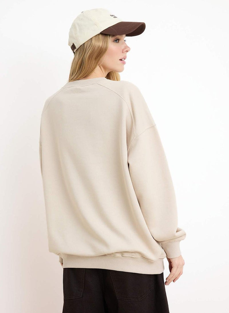 trendyol Stone Regular/Normal Fit Low Sleeve Long Sleeve 3 Thread Non-Embellished Knitted Sweatshirt - Image 4