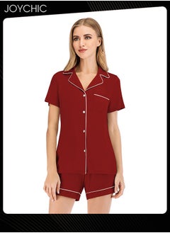 2-piece Classic Spring and Summer Pajamas Modal Smooth and Comfoty Loose Women's Nightgown Casual Shirt Collar Short-sleeved Home Clothes Wine Red