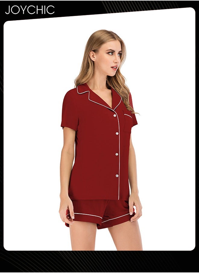 Joychic - 2-piece Classic Spring and Summer Pajamas Modal Smooth and Comfoty Loose Women's Nightgown Casual Shirt Collar Short-sleeved Home Clothes Wine Red - Image 1