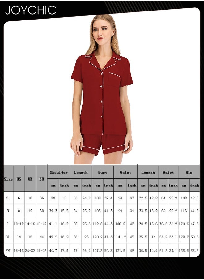 Joychic - 2-piece Classic Spring and Summer Pajamas Modal Smooth and Comfoty Loose Women's Nightgown Casual Shirt Collar Short-sleeved Home Clothes Wine Red - Image 1