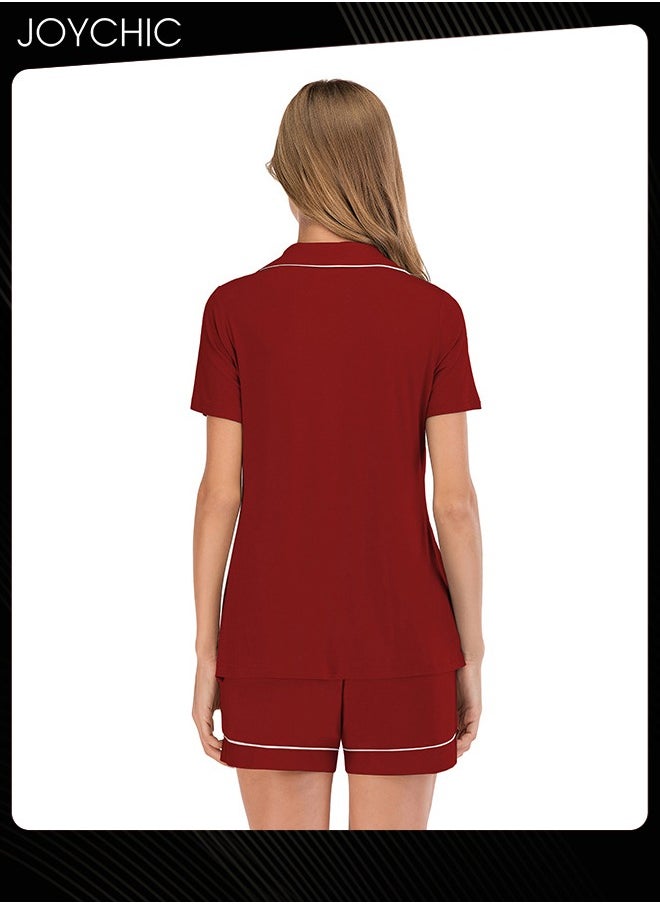 Joychic - 2-piece Classic Spring and Summer Pajamas Modal Smooth and Comfoty Loose Women's Nightgown Casual Shirt Collar Short-sleeved Home Clothes Wine Red - Image 1