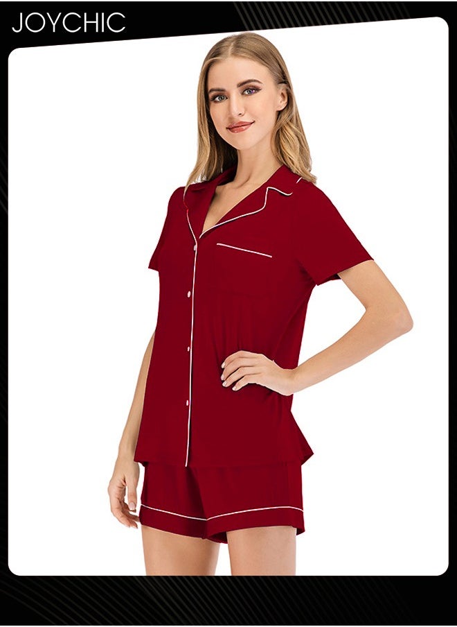 Joychic - 2-piece Classic Spring and Summer Pajamas Modal Smooth and Comfoty Loose Women's Nightgown Casual Shirt Collar Short-sleeved Home Clothes Wine Red - Image 1