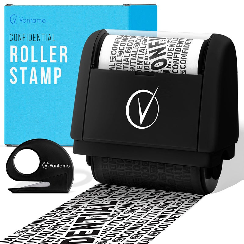 Vantamo Identity Theft Protection Roller Stamp for Hiding Sensitive Information, Wide Confidential Stamp with Box Cutter, Security Stamp Roller for Identity Theft Prevention, Black - Image 1