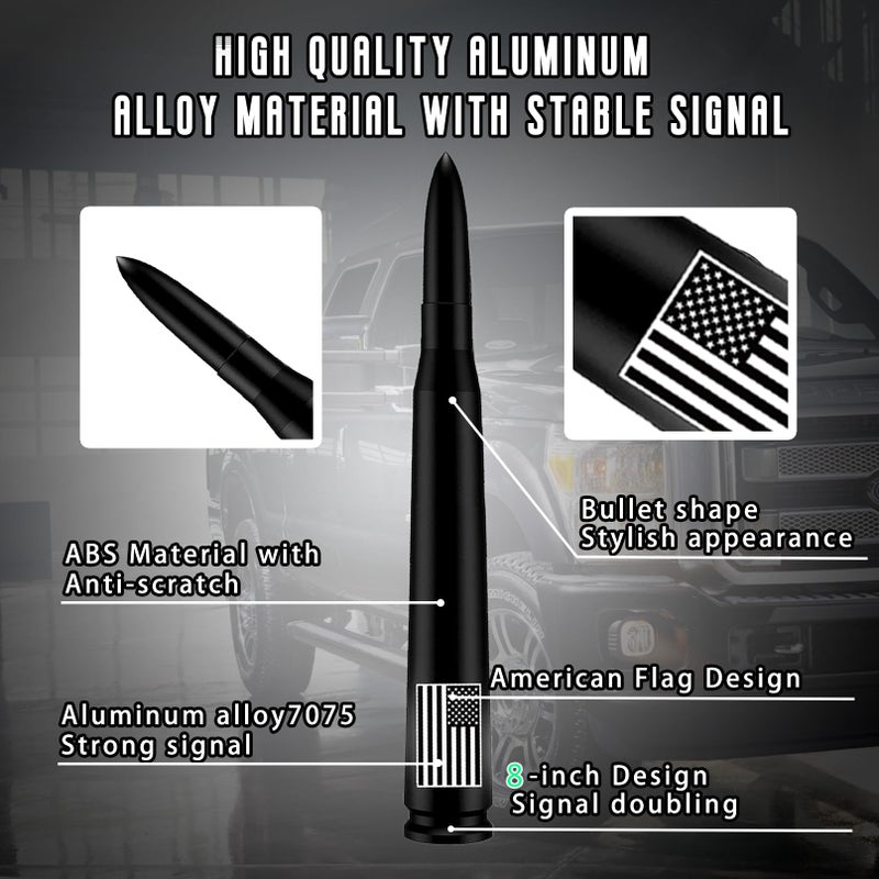 HVSTTPK Car Bullet Antenna with Valve Stem Caps for GM Silverado 1500 2500 3500 HD Avalanche Ford F Series F150 F250 GMC Sierra 1500 2500 3500 Denali Heavy Truck Accessories (Black)- 8inch- America Flag - Image 2