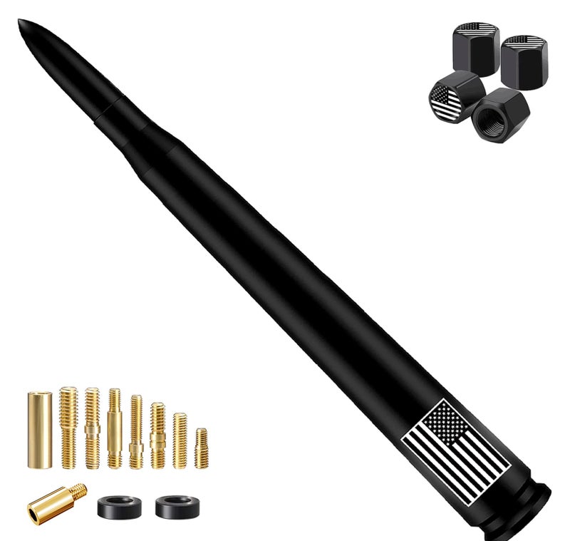 HVSTTPK Car Bullet Antenna with Valve Stem Caps for GM Silverado 1500 2500 3500 HD Avalanche Ford F Series F150 F250 GMC Sierra 1500 2500 3500 Denali Heavy Truck Accessories (Black)- 8inch- America Flag - Image 1