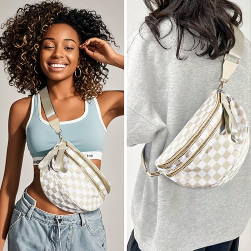 NEWROGENG Checkered Crossbody Bags for Women, Large Nylon Bum Bags Plus Size Fanny Pack Sling Bag Belt Bag for Women Travel, Beige Checkered - Image 3