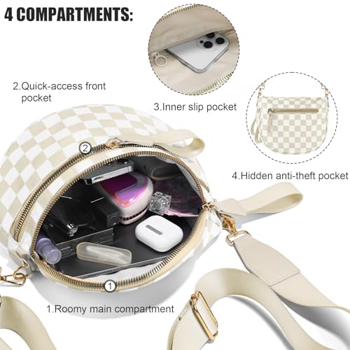 NEWROGENG Checkered Crossbody Bags for Women, Large Nylon Bum Bags Plus Size Fanny Pack Sling Bag Belt Bag for Women Travel, Beige Checkered - Image 5